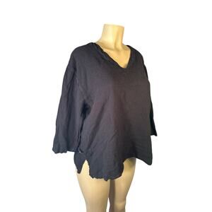 Vintage Women XL Drawstrings of Malibu Cotton Travel Wear Black Top Blouse